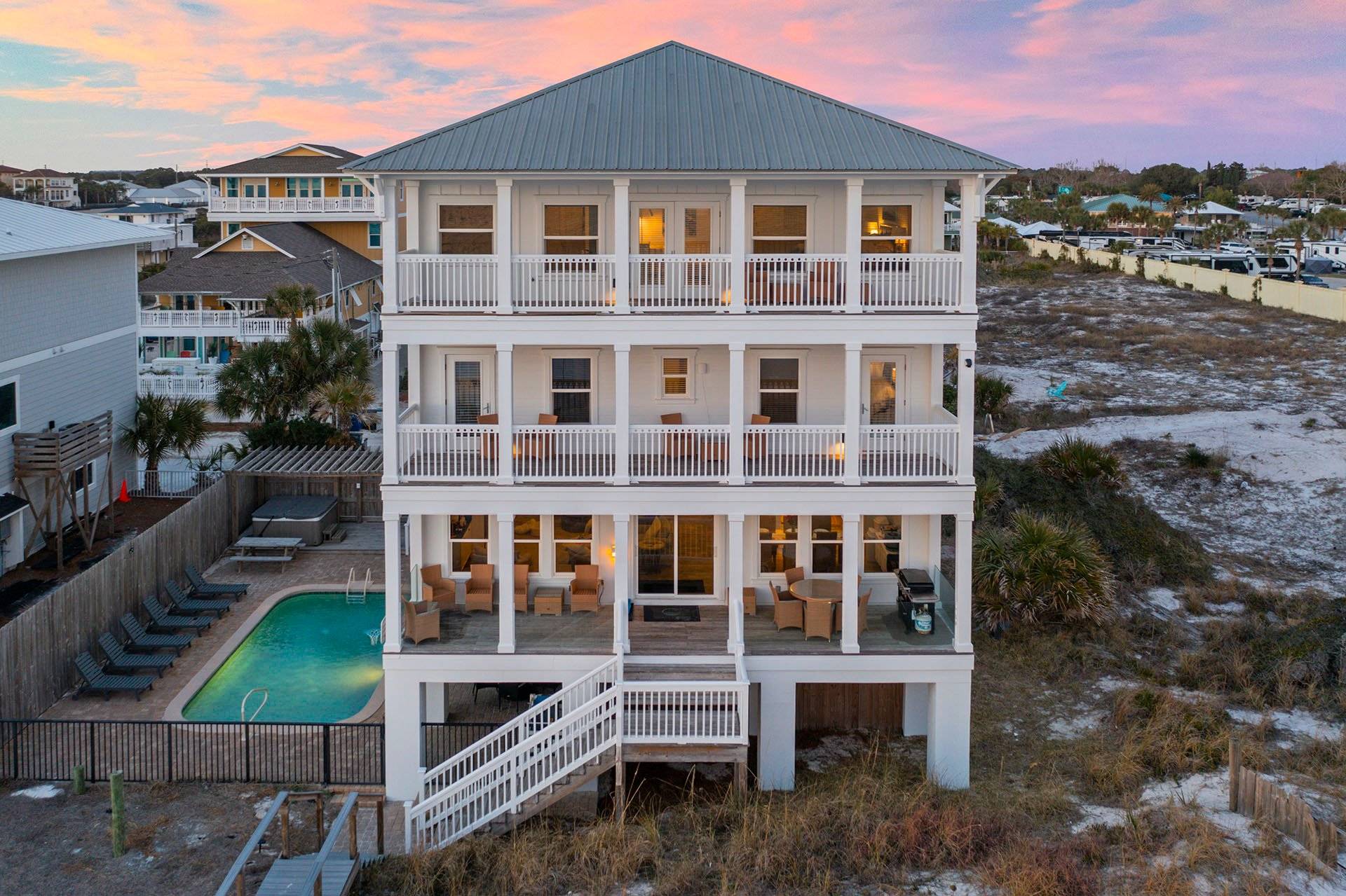 Aerial view of the beachfront house