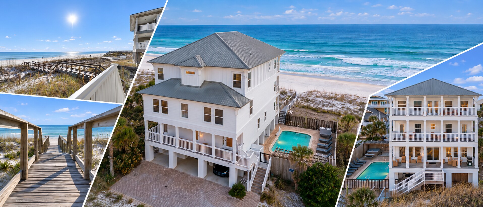 Collage of the gulf-front Seaclusion house, private pool, beach boardwalk, and decks in Miramar Beach